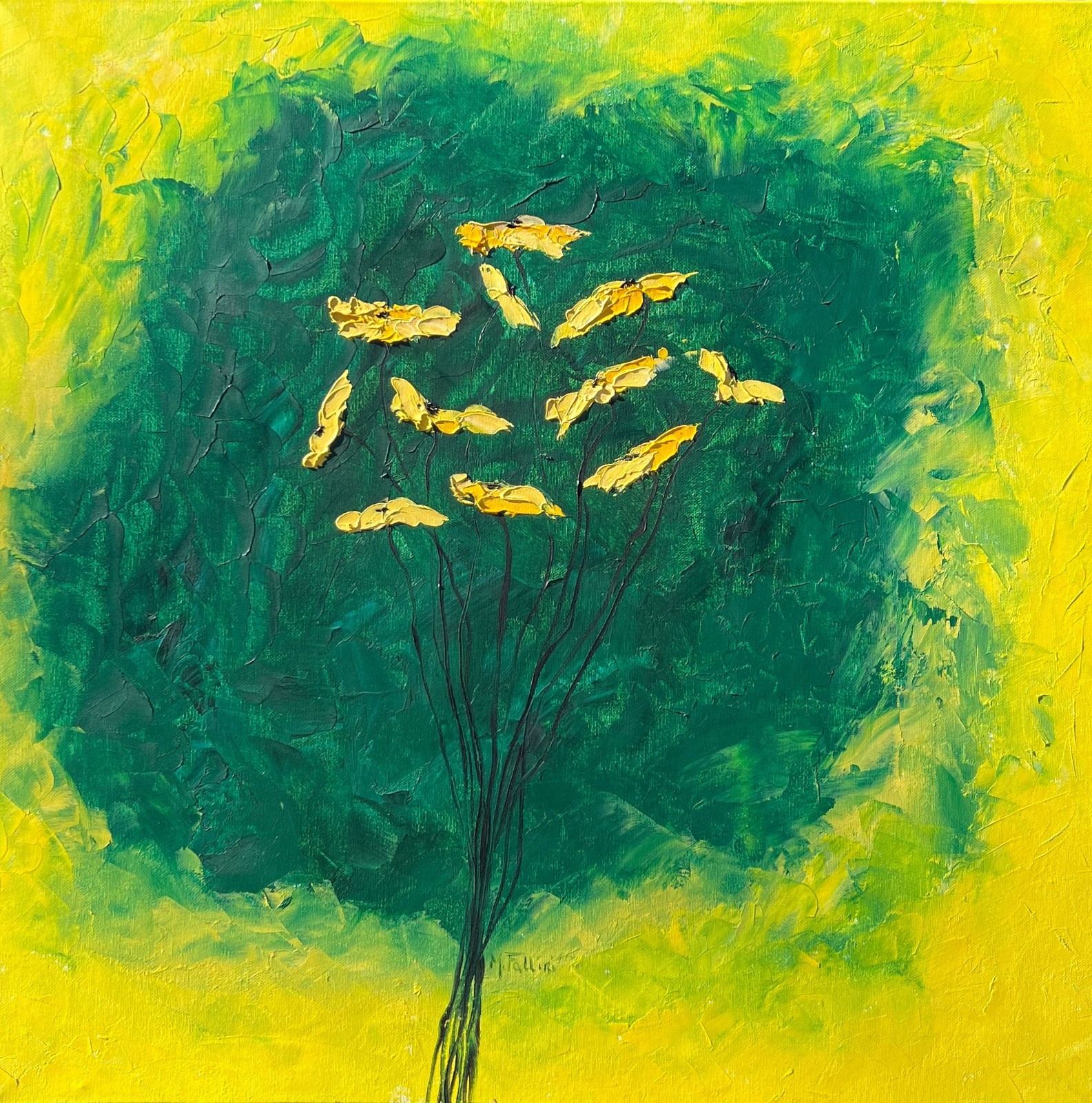 Yellow Poppies on green painting on canvas original by artist 20in x 20in