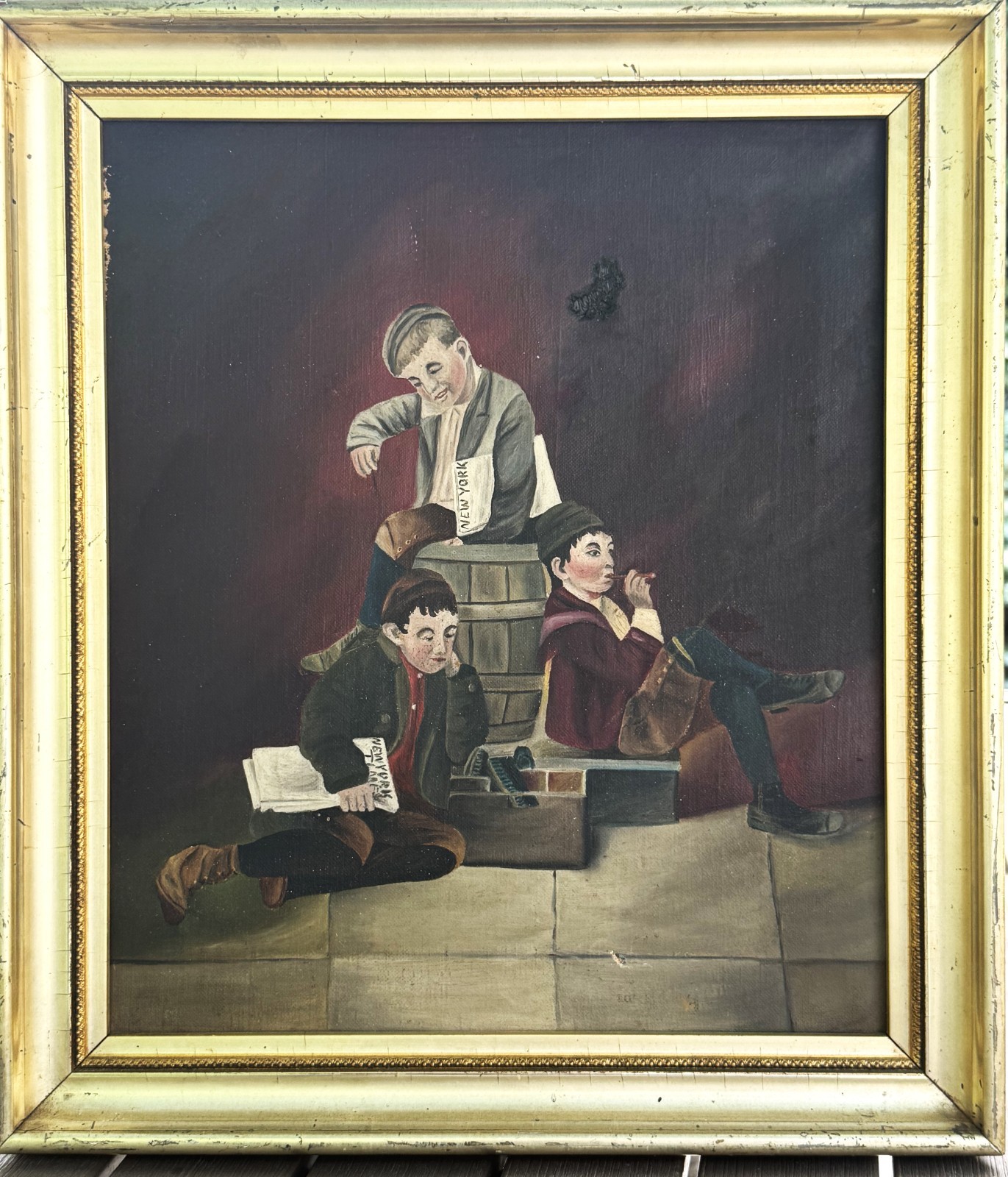 VTG From Early 20th C American Realism Original O/C «Newsies» In Period Frame!