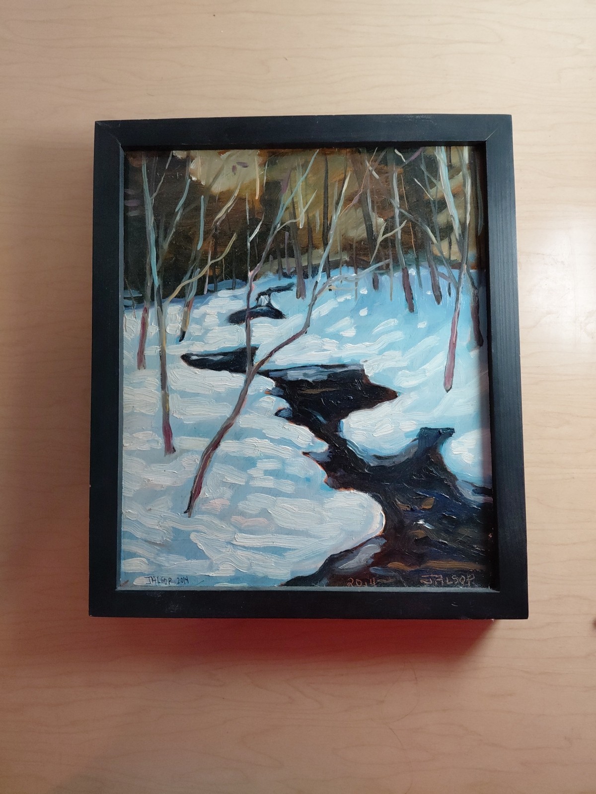 2014 Original Oil On Wood Veneer – Jalsop – Stream In Winter – 11″x13″ Framed
