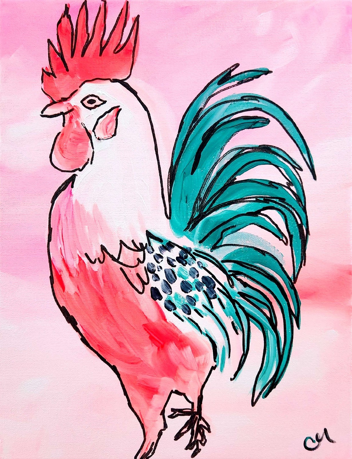 Original Expressionism Acrylic Abstract Chicken Painting 14×11 Canvas