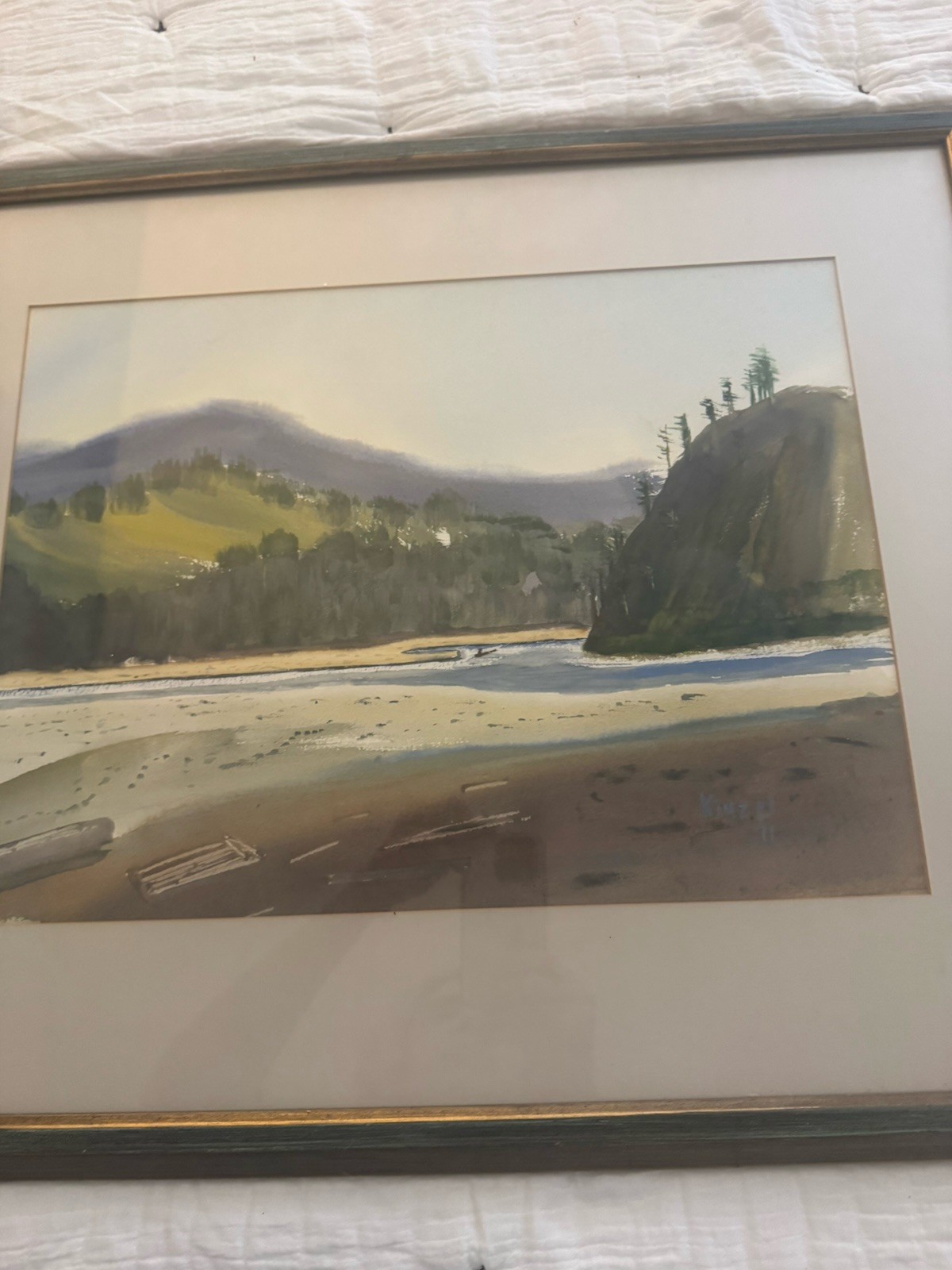 Watercolor Landscape Original Art Signed Kinzel Vintage 1971 Framed Water Inlet