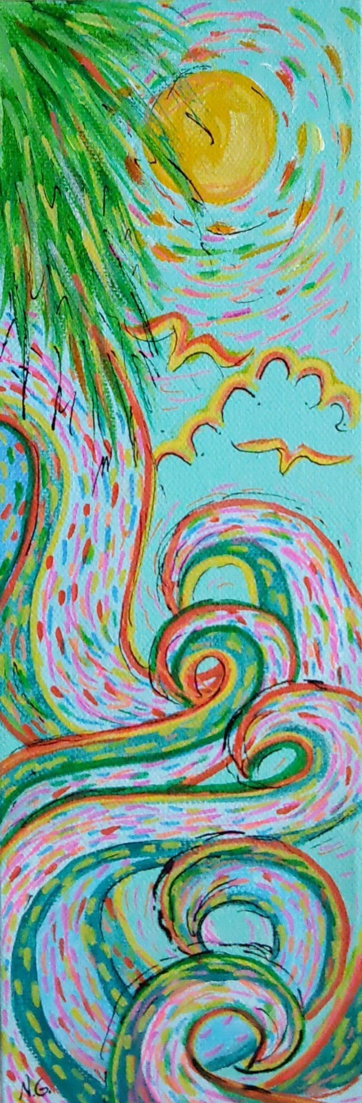 Original Expressionist Tropical Waves 12 x 4 Acrylic Painting