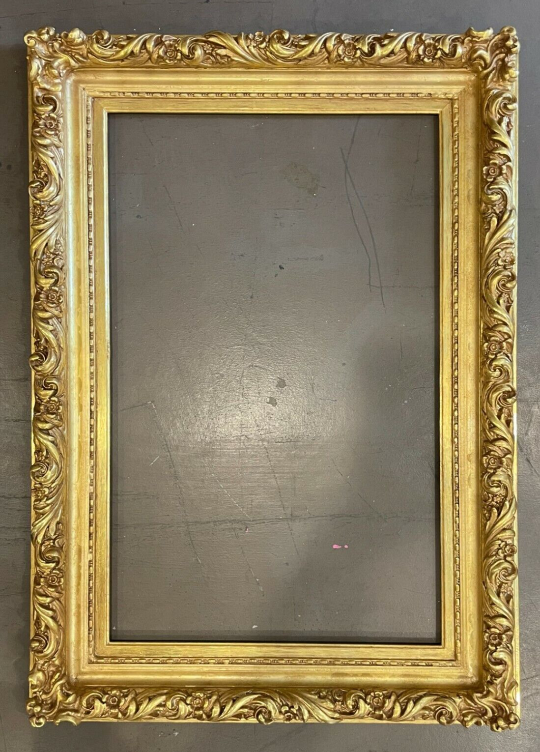 22″ X 36″ RESTORED ANTIQUE ORNATE PICTURE FRAME RE- FINISHED IN 22K GOLD LEAF