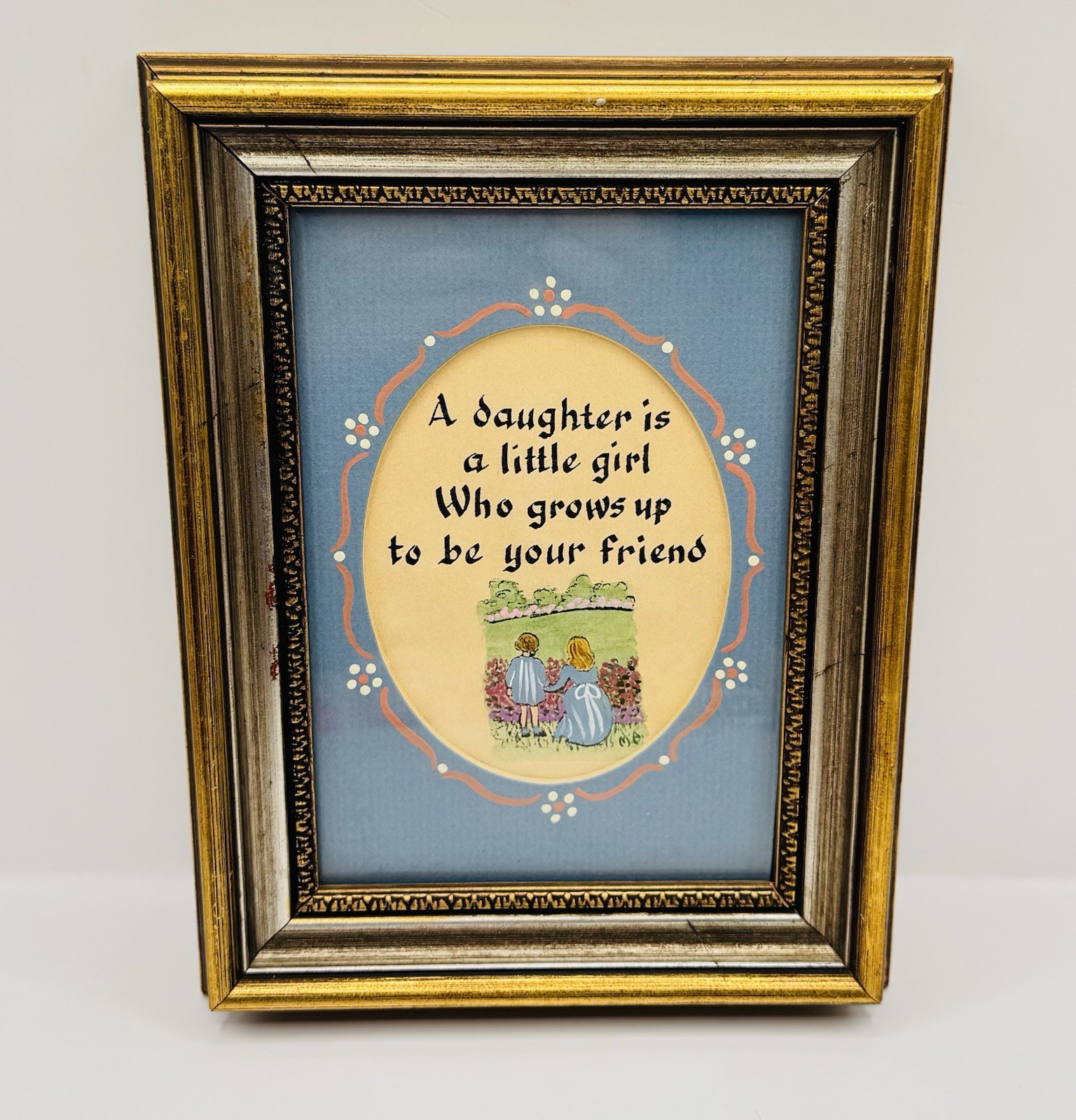 Vintage 8.5”x6.5” Handmade Hand Painted Signed Mother Daughter Art Picture