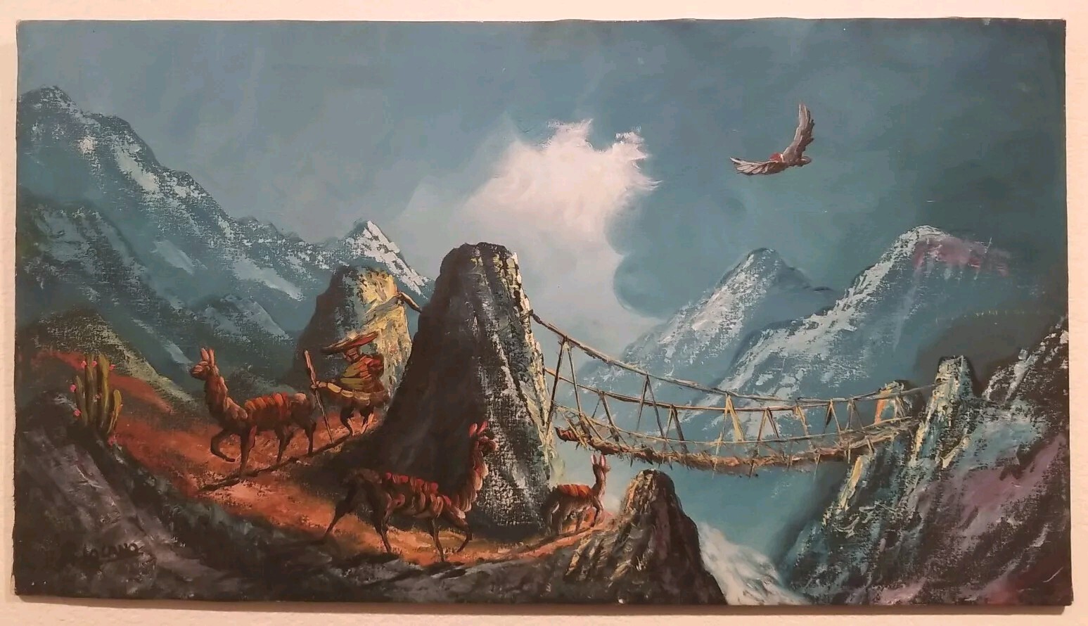 Painting Of An Alpaca Llama Herder In The Mountains 35″ X 19.5″