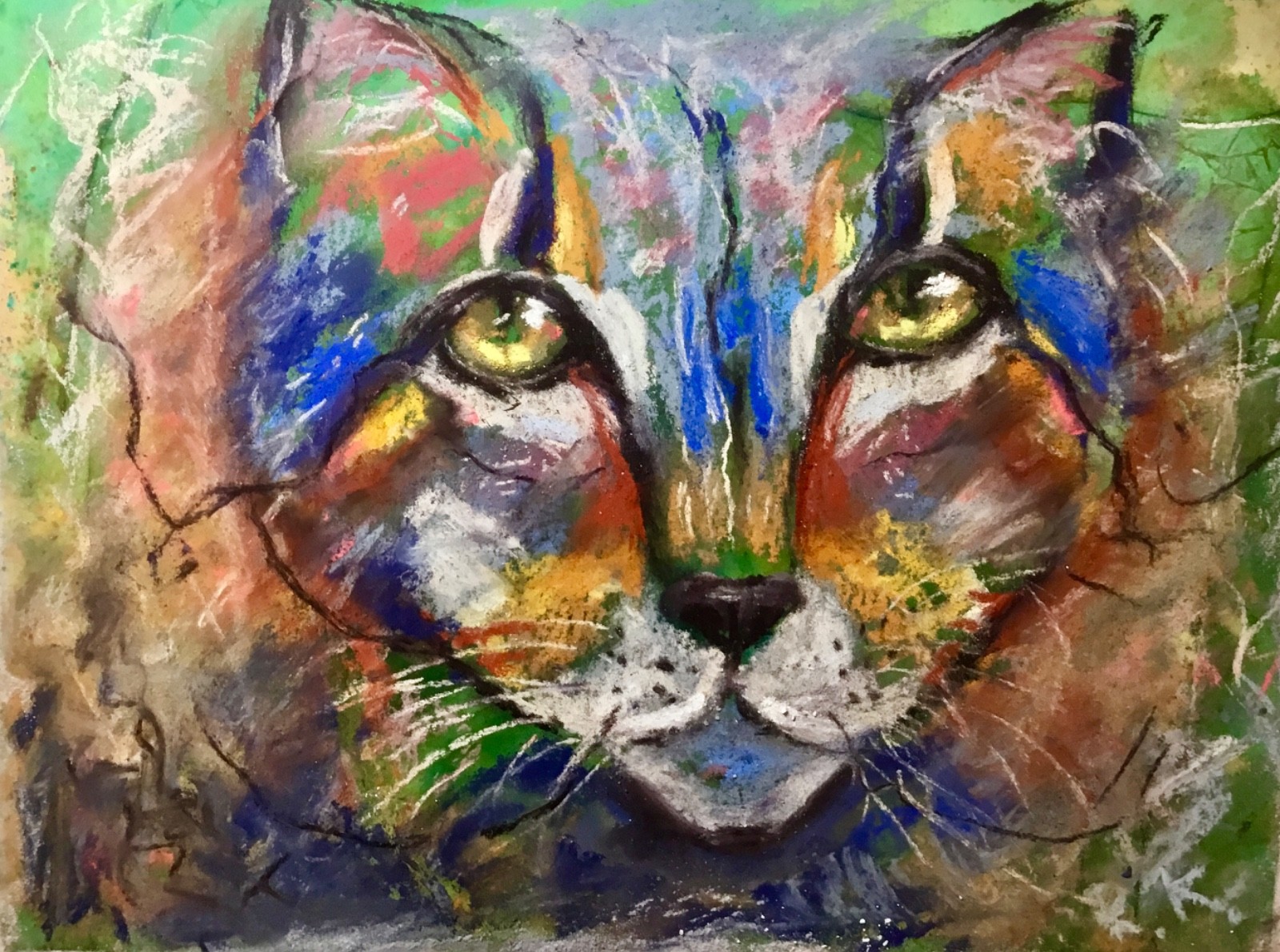 Original Watercolor and Soft Pastel Cat Portrait – Expressive Contemporary Felin