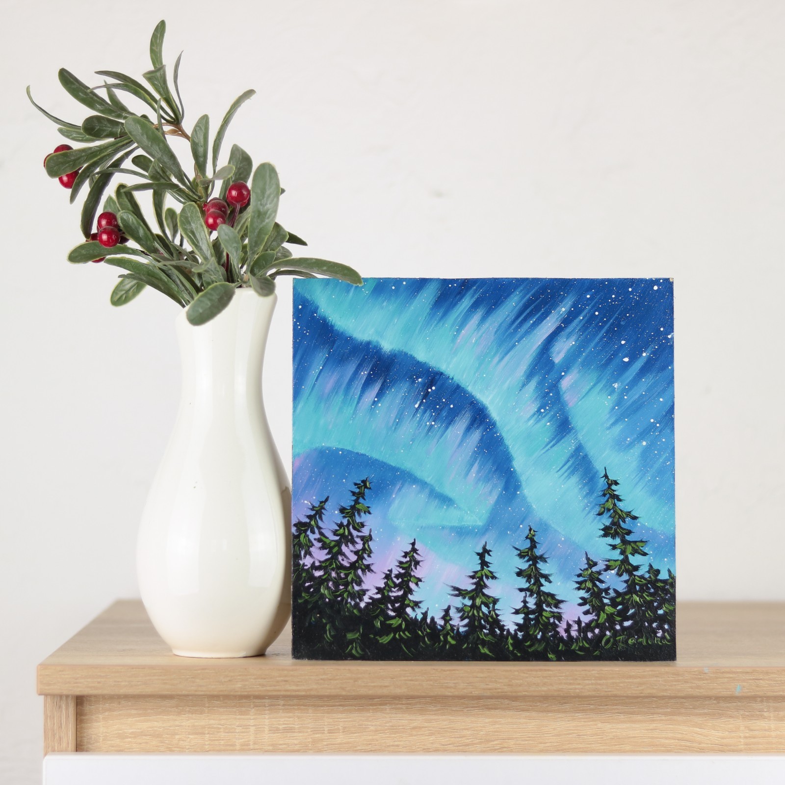 Northern Lights Oil Painting Original Pine Trees Under Aurora Borealis Night 8×8