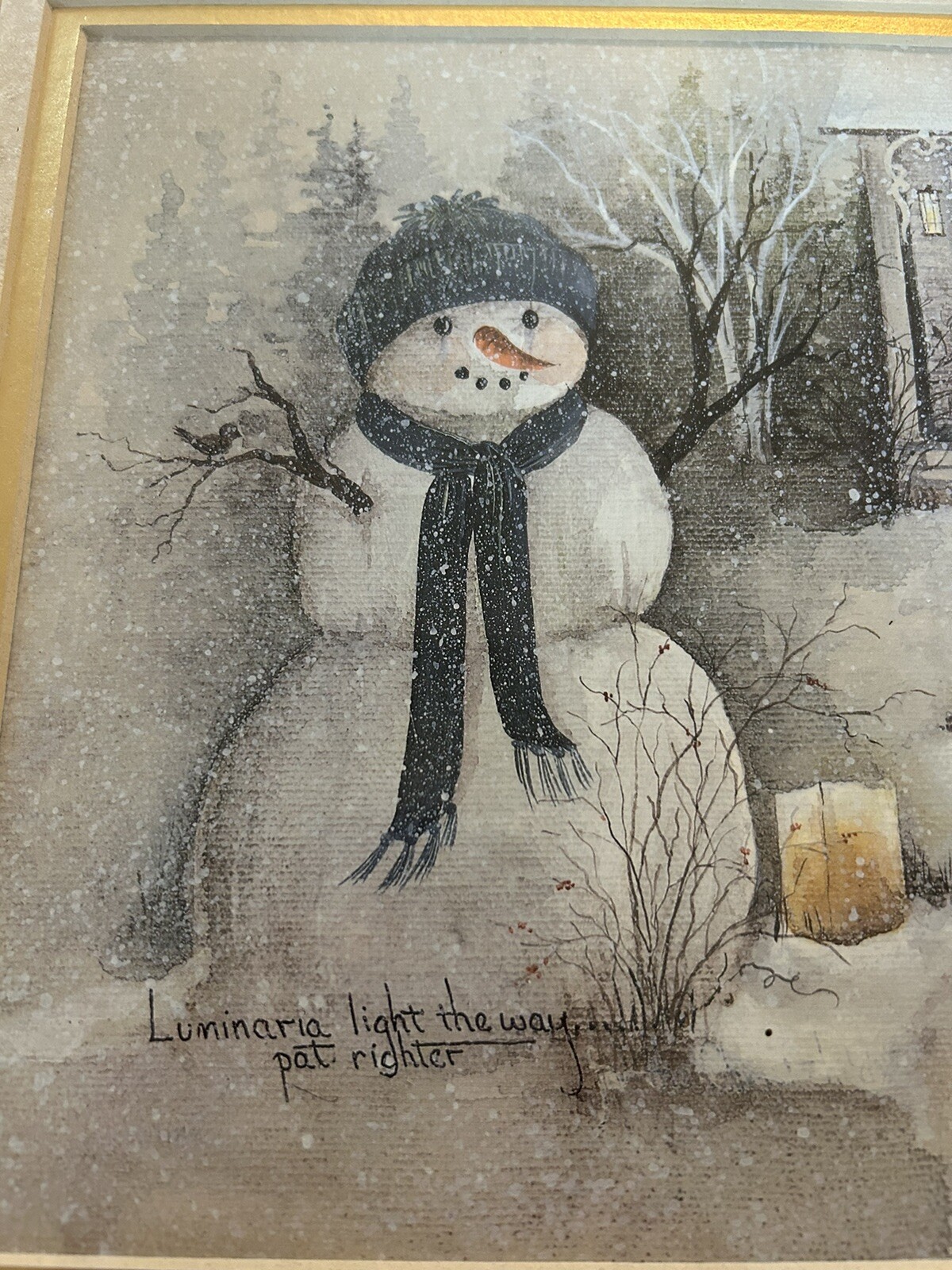 Farmhouse Chic Snowman “Light The Way…” By Pat Righter Framed In Gold Leaf