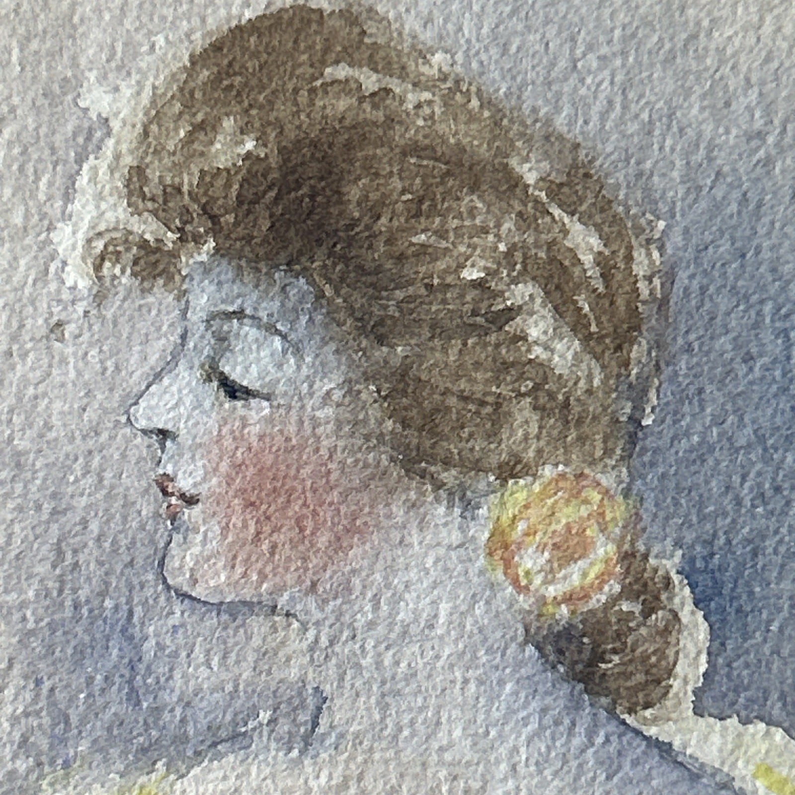 Antique Original Watercolor Painting Portrait of Victorian Lady 10 x 10 Square