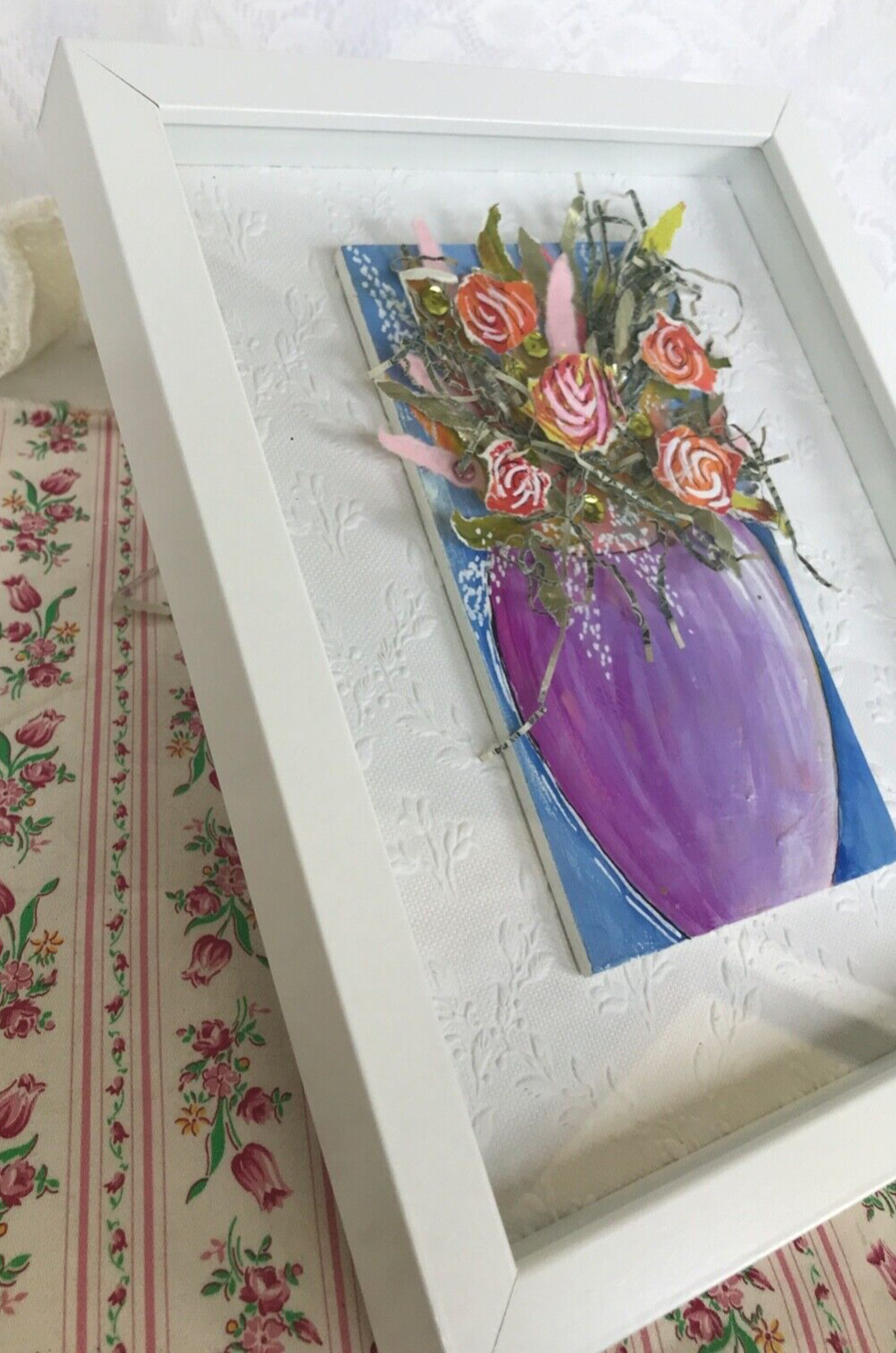 Original Mixed Media Collage Art Floral Flower Bouquet Framed Ready to Enjoy