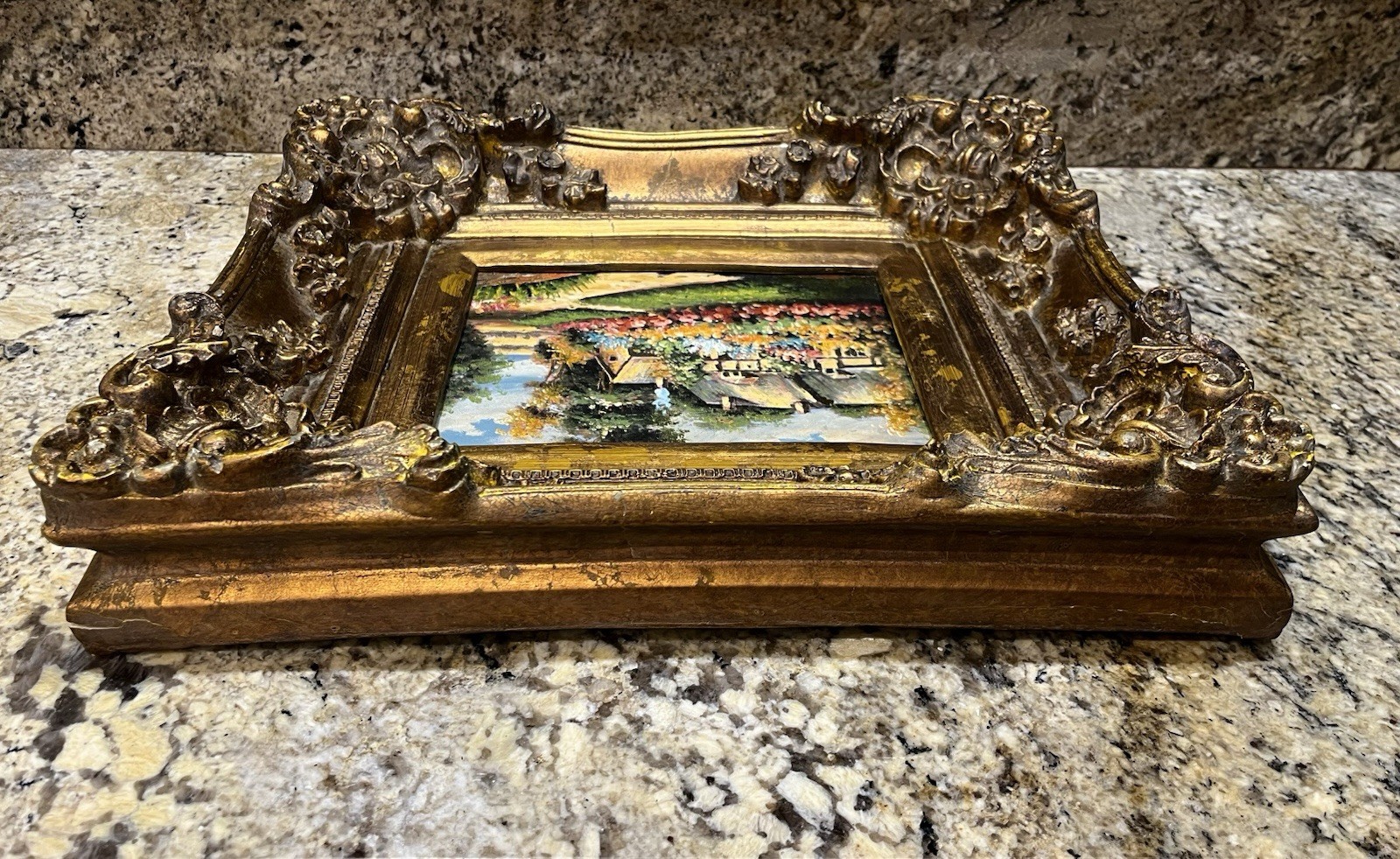 Vintage Oil Painting On Board Ornate Heavy Gold Frame English Cottage