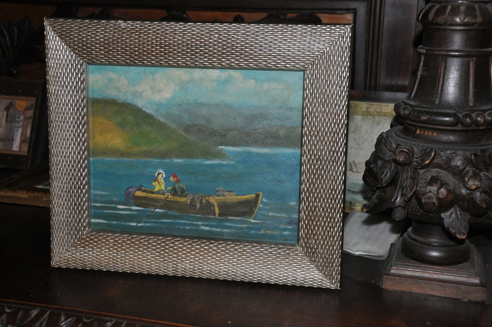 Vintage 2 lovers in a Boat Beautiful Oil Painting