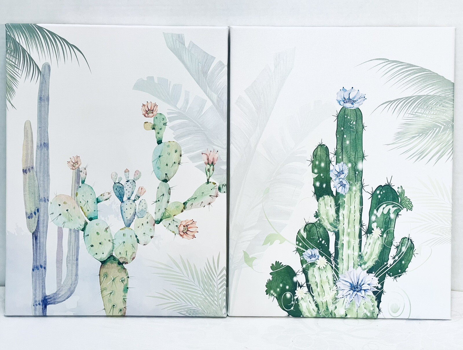 Wall Art 2-Piece Decorative Canvas Cactus Tropical Frameless Mount Hooks 16”X12”