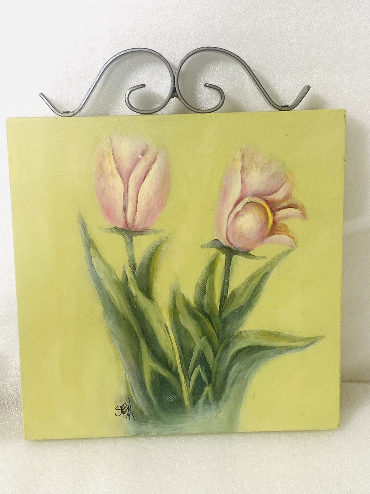 Studio Art Tulips hand painted Acrylic oil Wood Frame on canvas Signed 9.5”