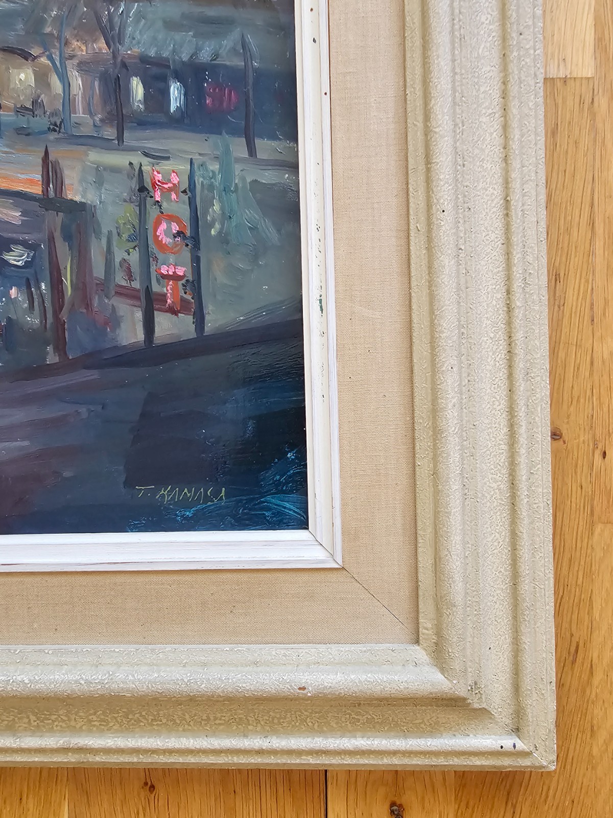 ATMOSPHERIC MID CENTURY SCANDINAVIAN PAINTING CITYSCAPE AT DUSK TADEUSZ KAMASA