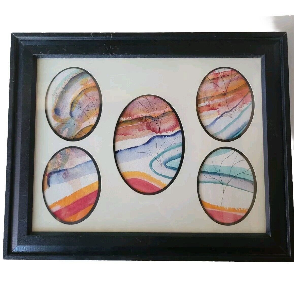 Framed Abstract Landscape Collage with Multi-Oval Cutouts