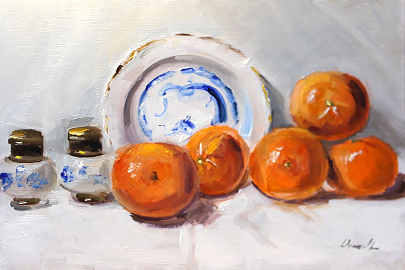 VINTAGE Japanese PLATE and clementines Oil Painting 8×1 2in Demenko