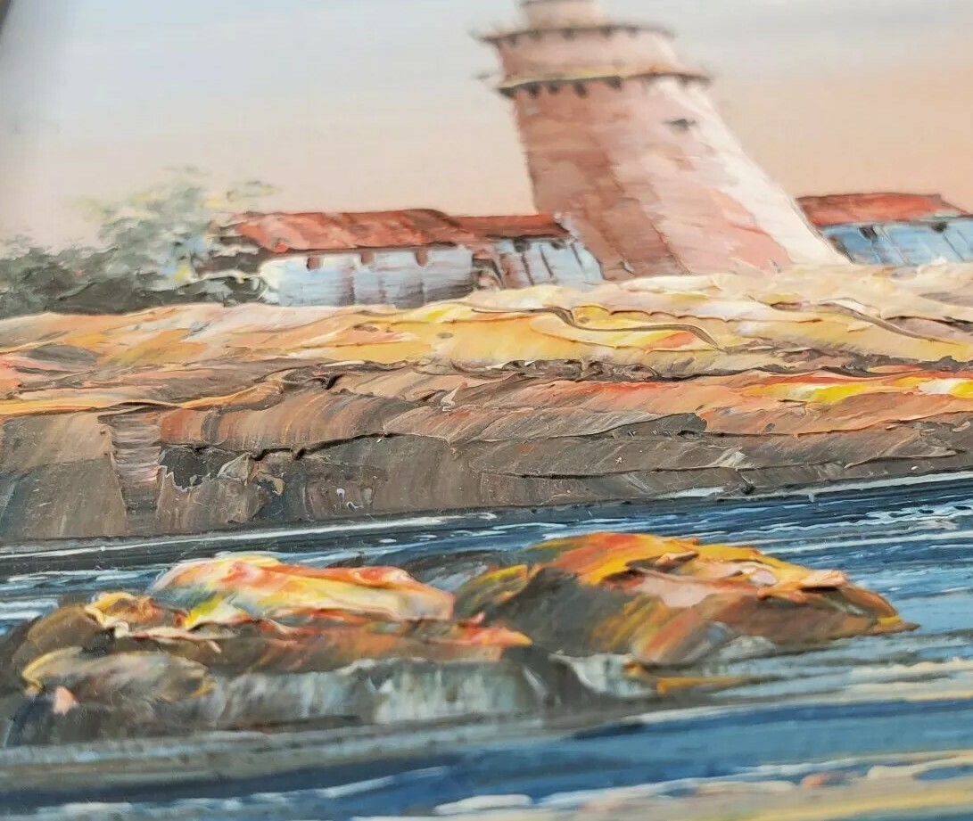 Lighthouse Seascape Oil Painting Sunset Boat Signed M Gartland Beach House Decor