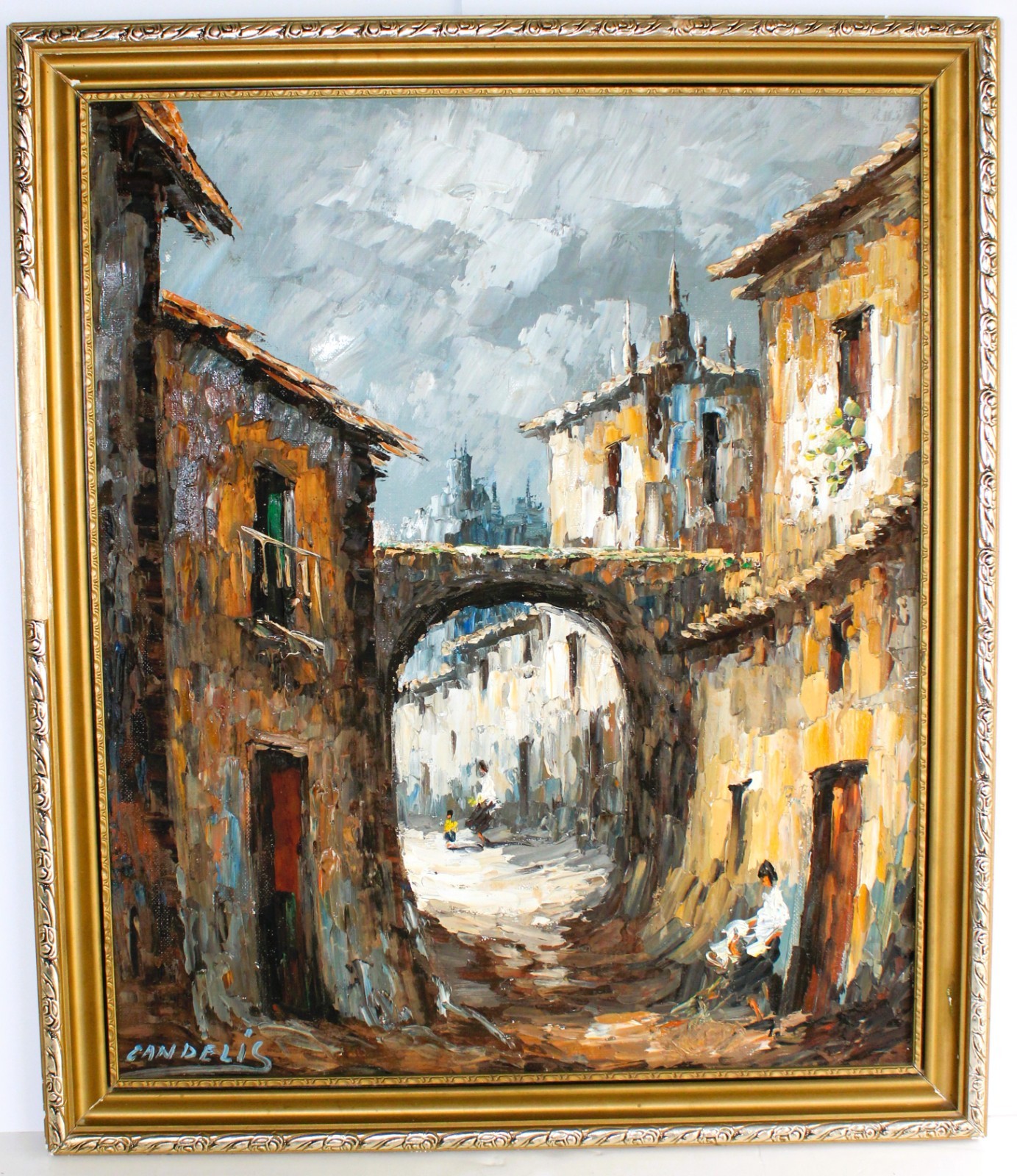 GAY CANDELIS VINTAGE IMPASTO OIL PAINTING CANVAS SIGNED SPANISH ARTIST CITYSCAPE