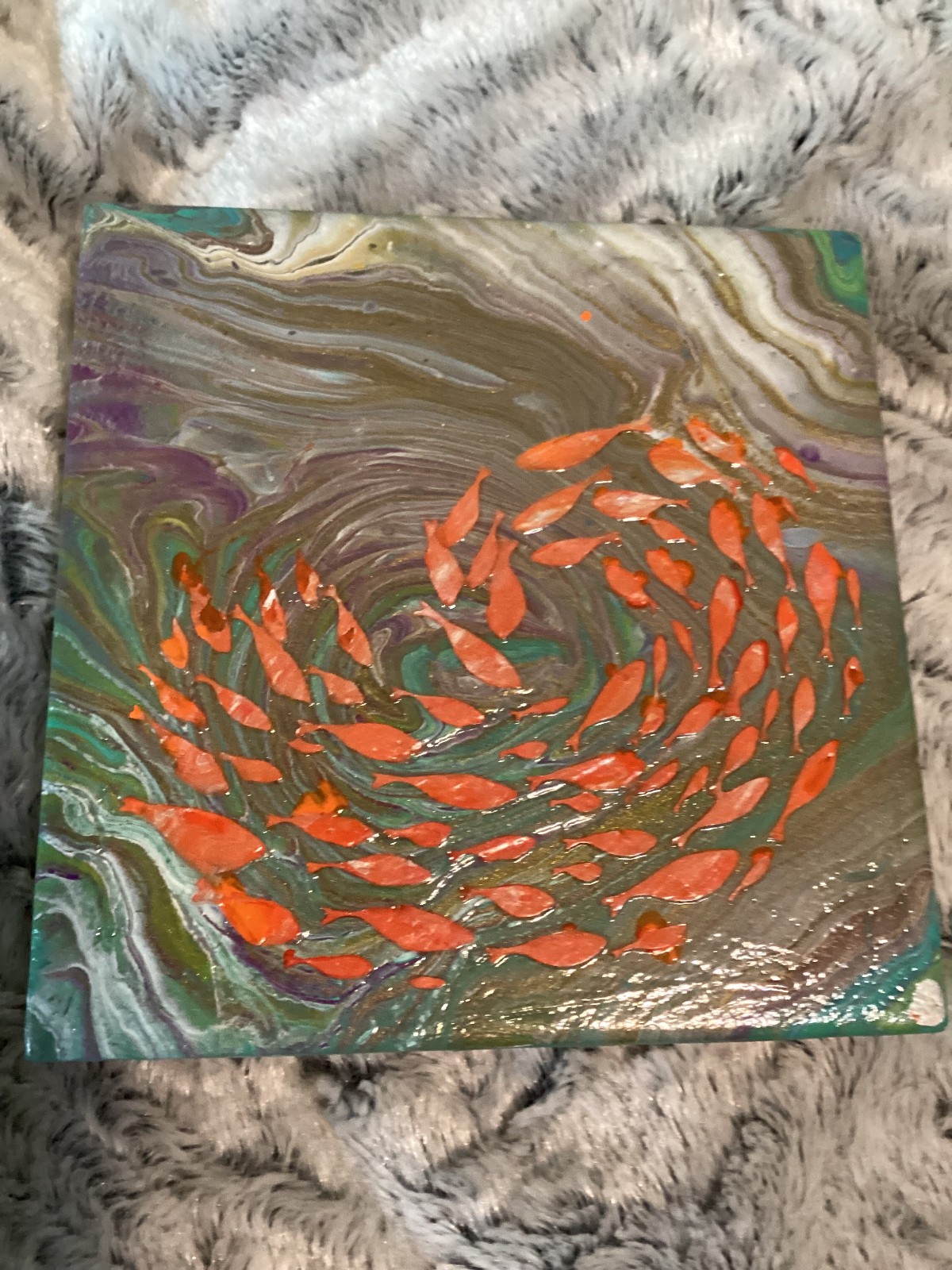 Ocean Dance acrylic painting on tile of a school of fish in the ocean. 6×6″