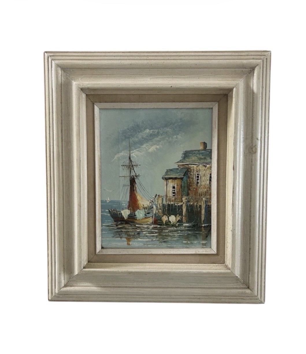 Vintage Mid Century Nautical Oil Painting Harbor Tall Ship Signed Markey 8×10
