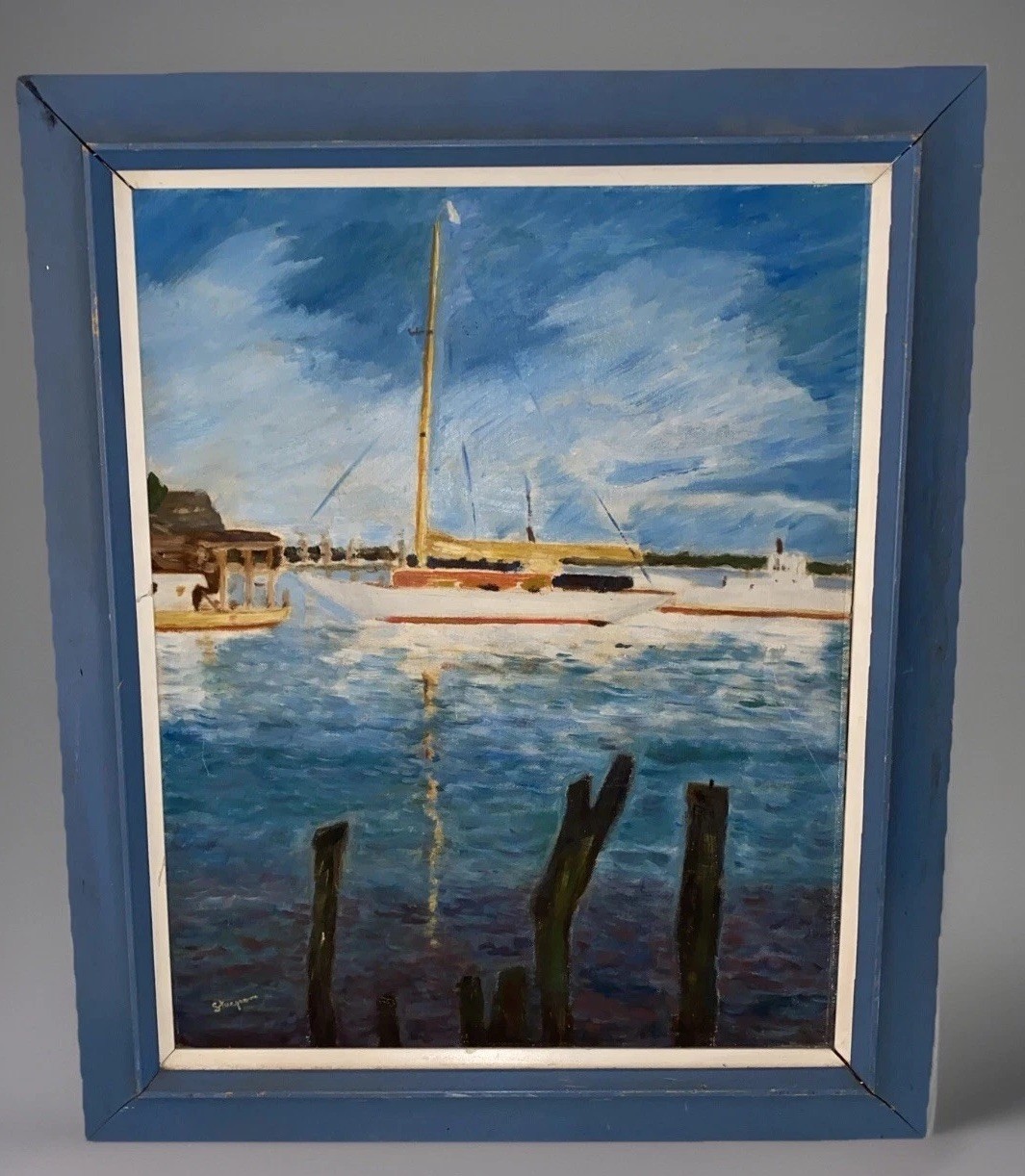 Vntg Oil Painting Sailboat Sturgeon Bay Channel Marina Boat Nautical 24” X 20”