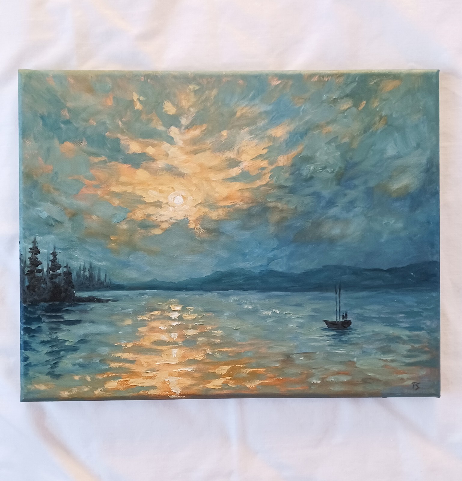 Ocean Boat Sunset ORIGINAL Oil Painting Modern Art Impressionism 11″x14″