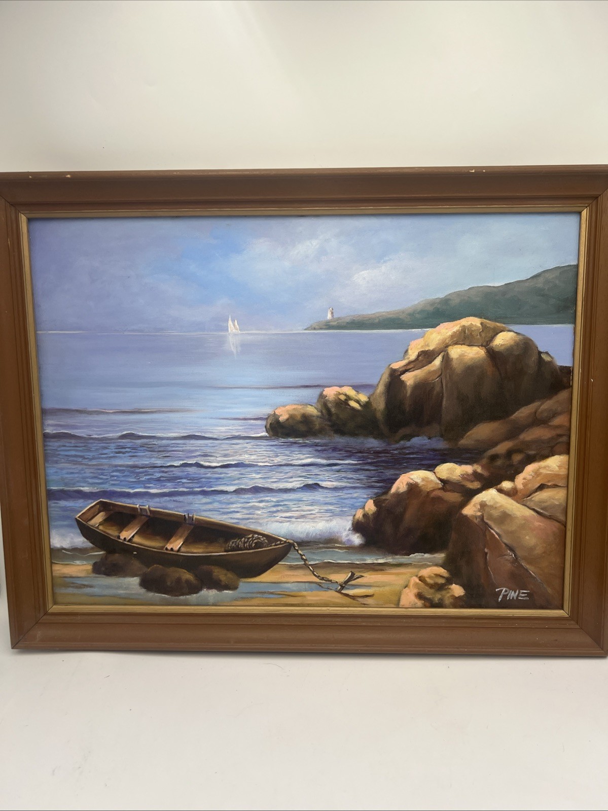27”x21” Framed Painting Boat Sailing Lighthouse Seashore Rocky Signed Pine