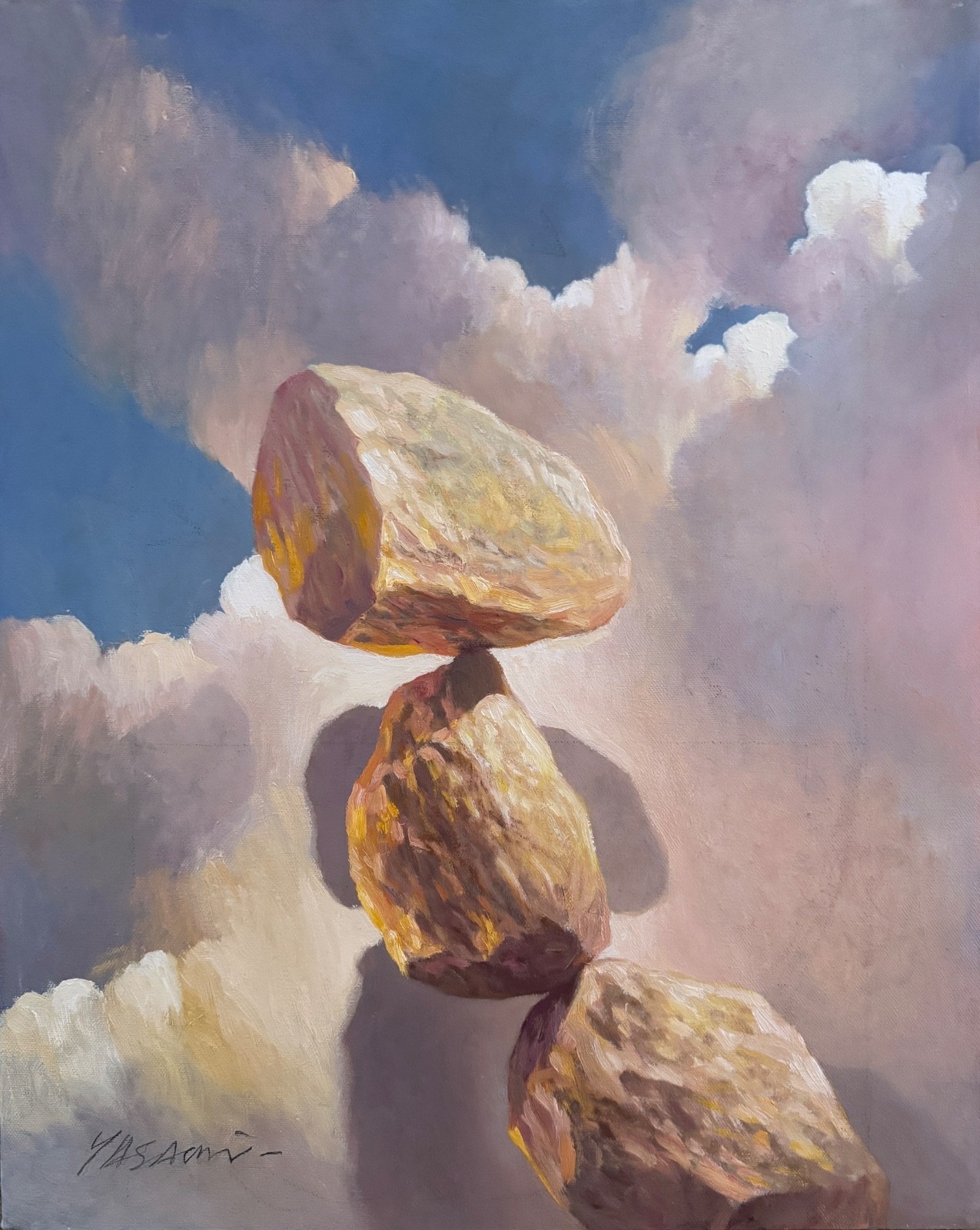 Sunset Sky clouds Balance of Rocks Signed YASAMI oil painting framed 21″ x 25