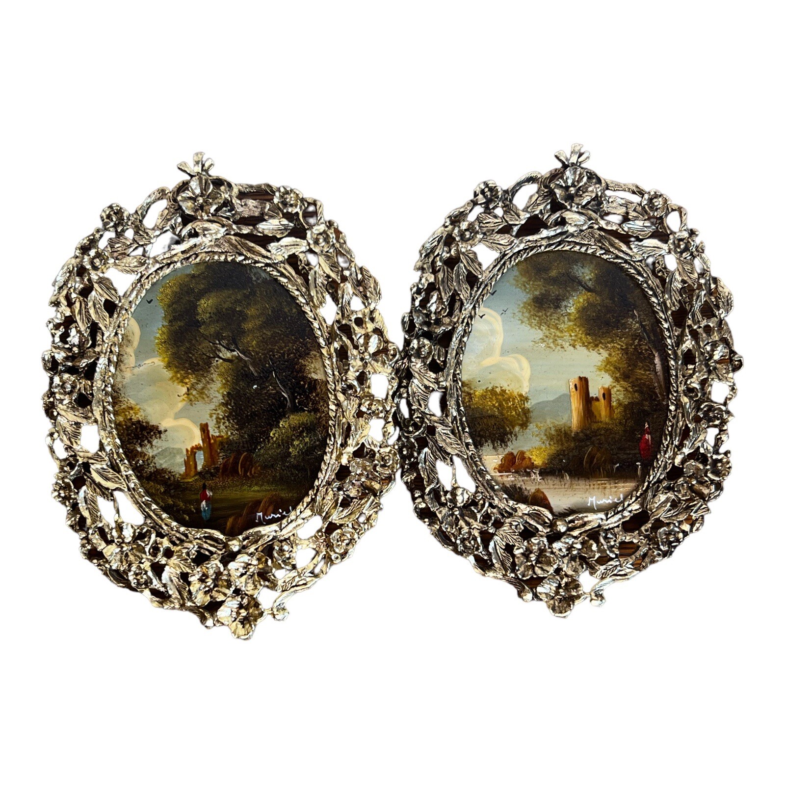 RARE ANTIQUE MINIATURE OIL PAINTINGS STUNNING GILDED GOLD FRAMES ARTIST MURIEL