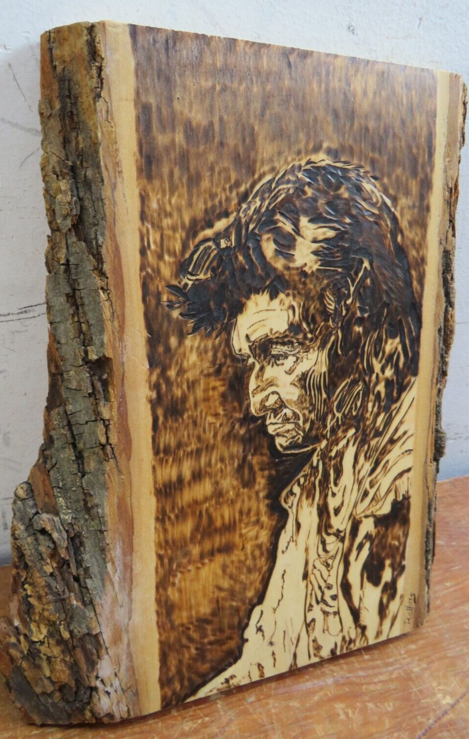 Vintage Native American Wood w/ Bark Painting/Burning/Carving Rollins 9×11