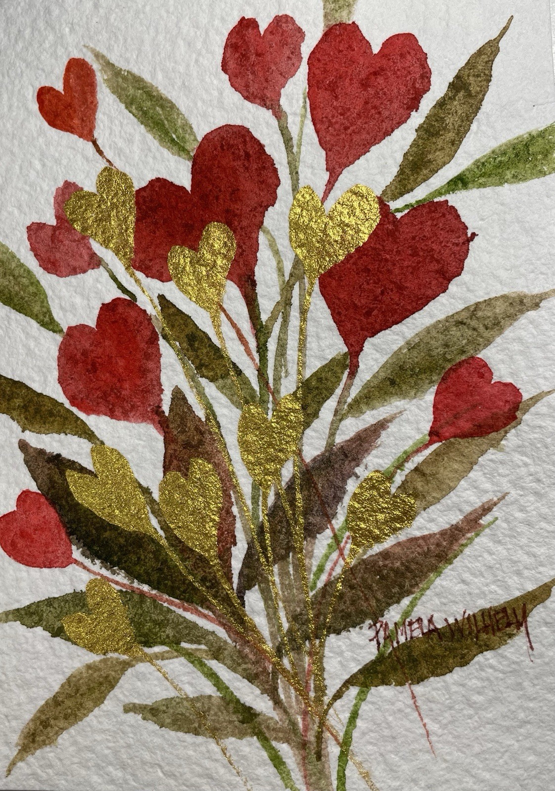 5”x7” Original Pamela Wilhelm Whimsical Watercolor Ink VALENTINE Hearts Red Gold