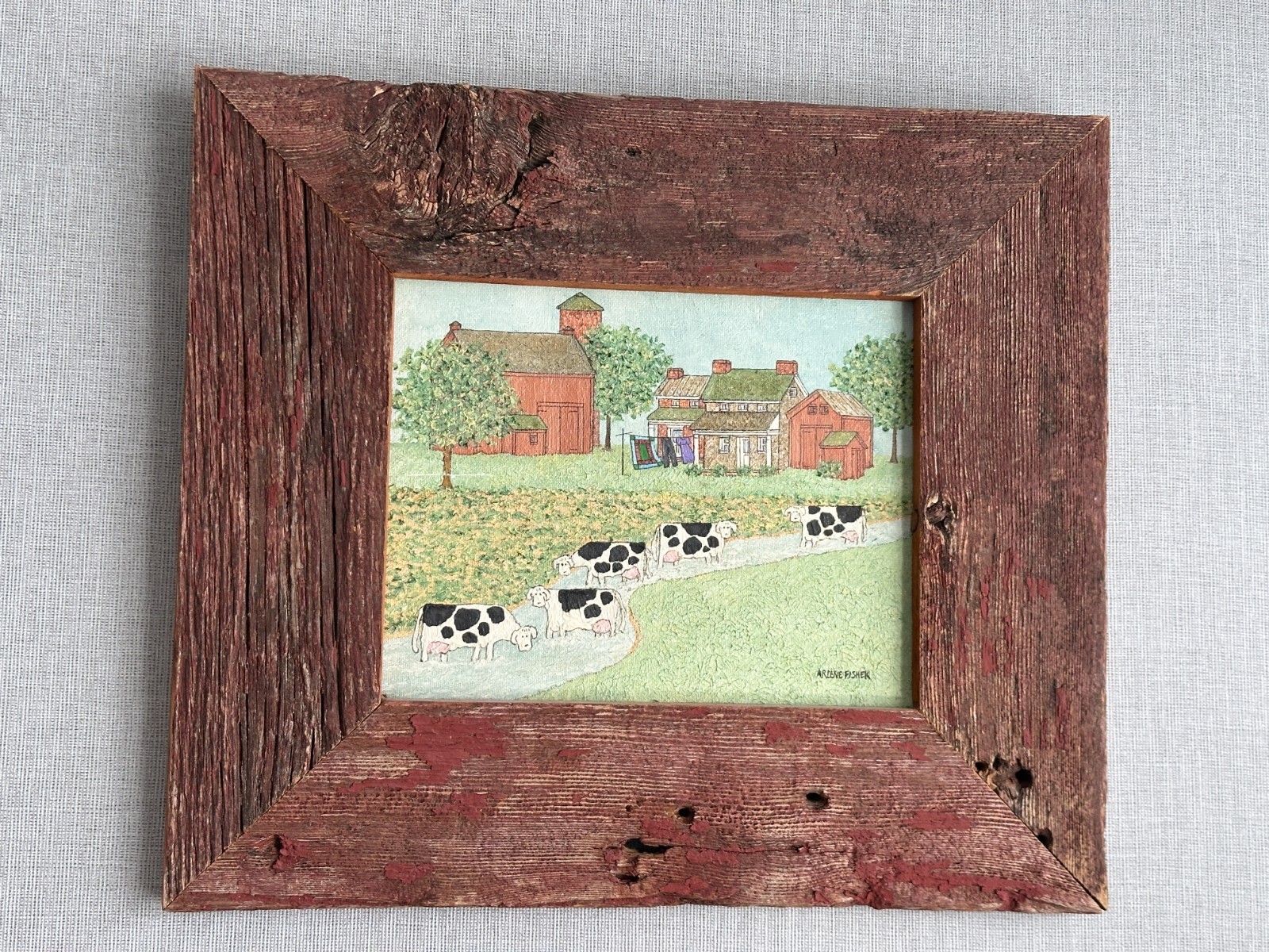 Arnele Fisher Cool Cows Original Painting Wooden Frame Signed Lancaster PA