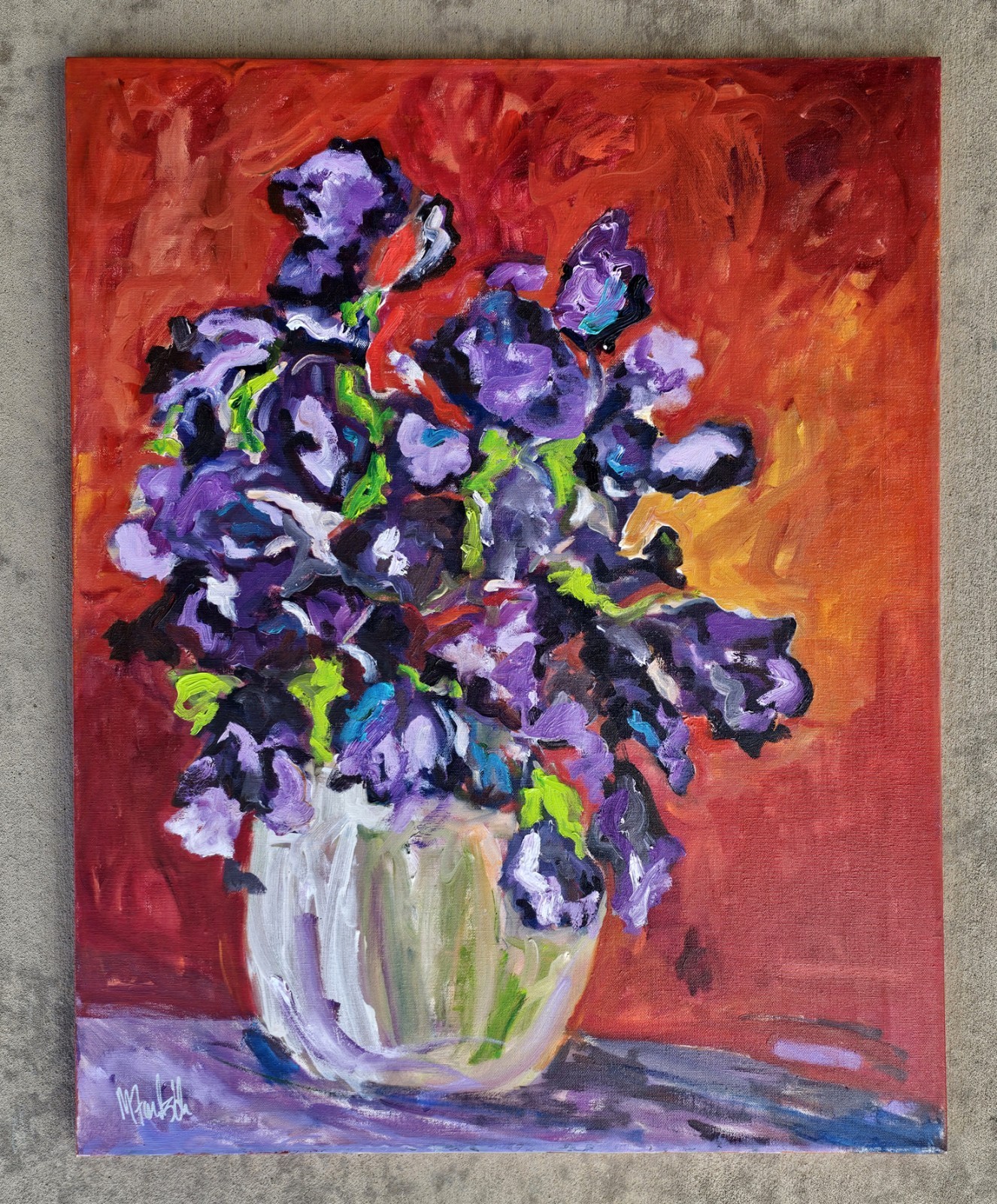 Expressionist OIL PAINTING ON CANVAS Intense Colors Flower Bouquet Irises, 24×30