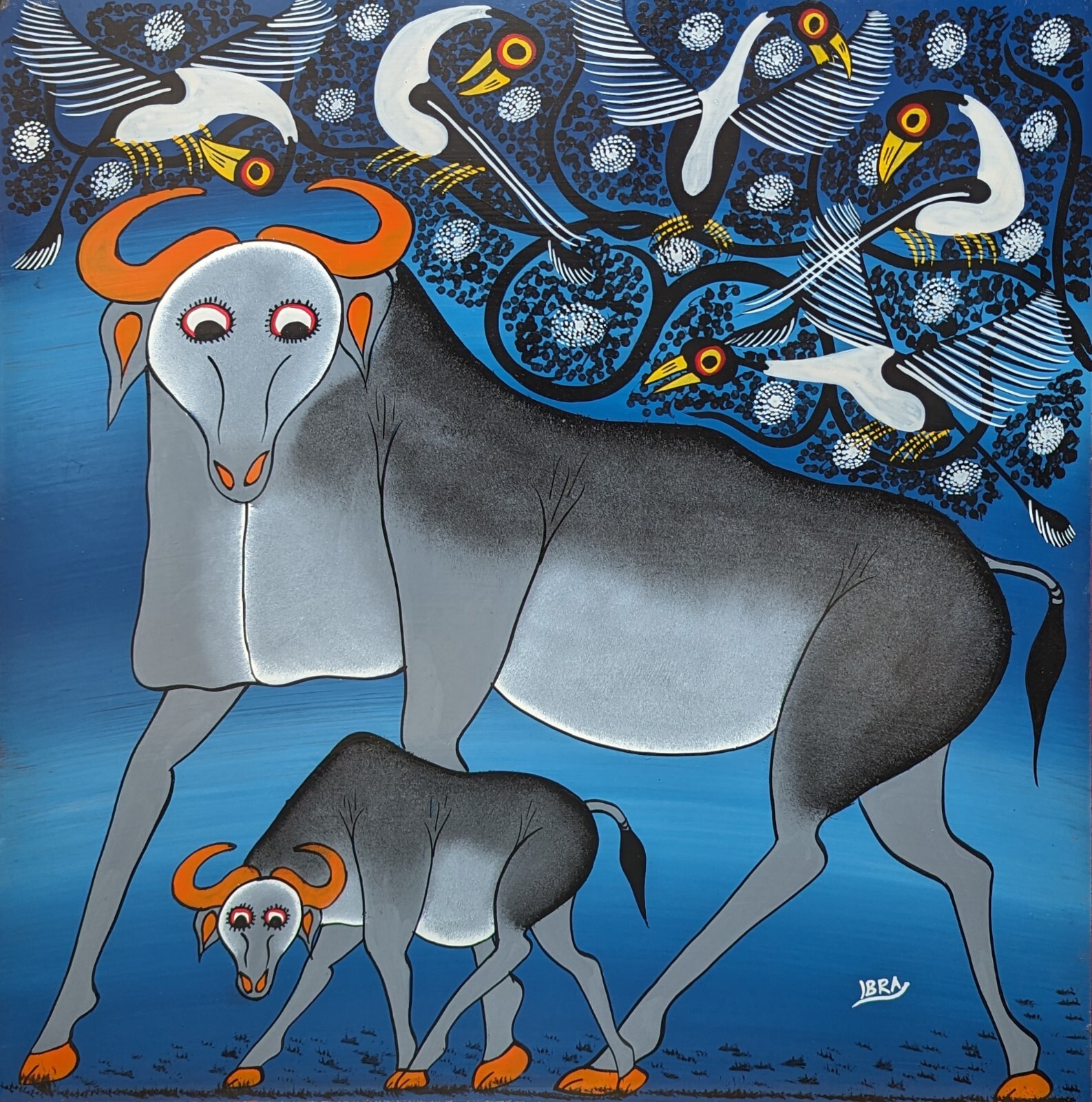 IBRA’s RED-HORNED BUFFALO AND CALF Classic Tingatinga Painting on board 2’x2′