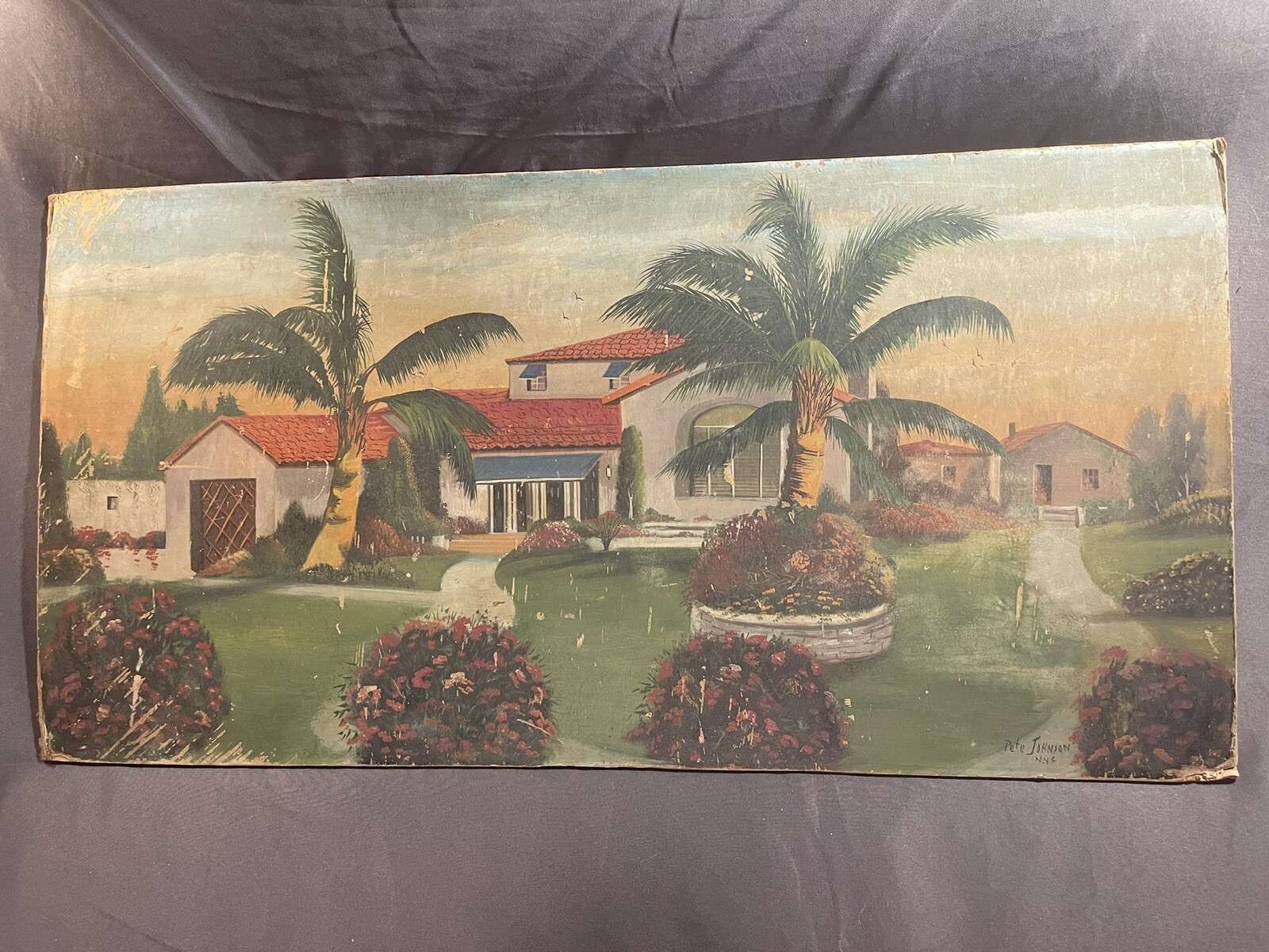 Antique Original Folk Art Landscape Architecture Oil Painting of Old Florida