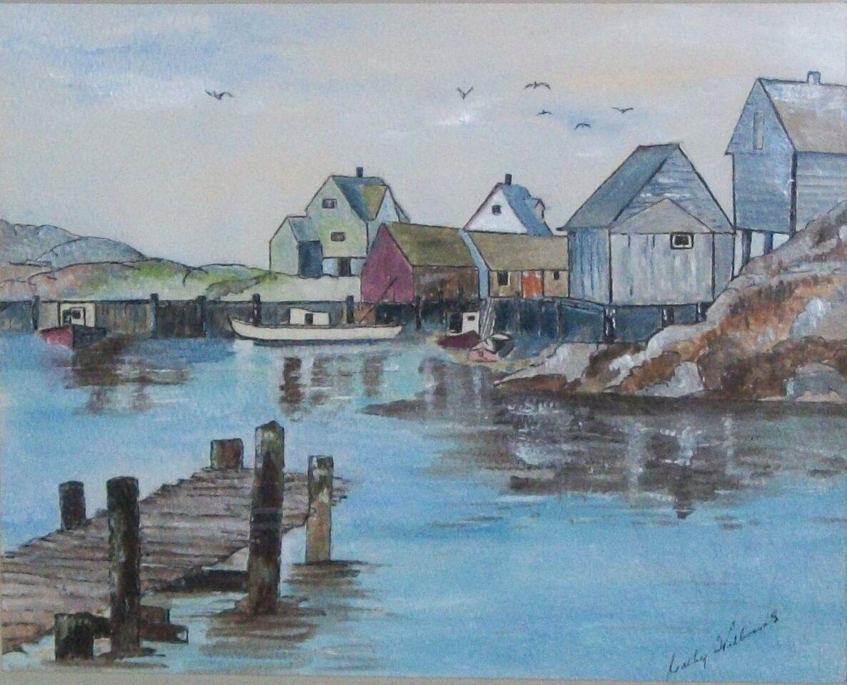 VTG WATER COLOR PAINTING OCEAN FISHING WHARF FISHERMAN BOAT DOCK ONTARIO CANADA
