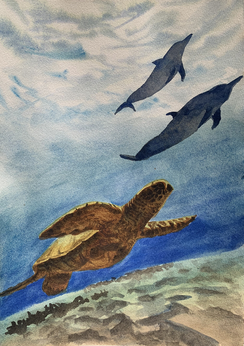 Original watercolor painting Sea Turtle Underwater undersea marine life artwork