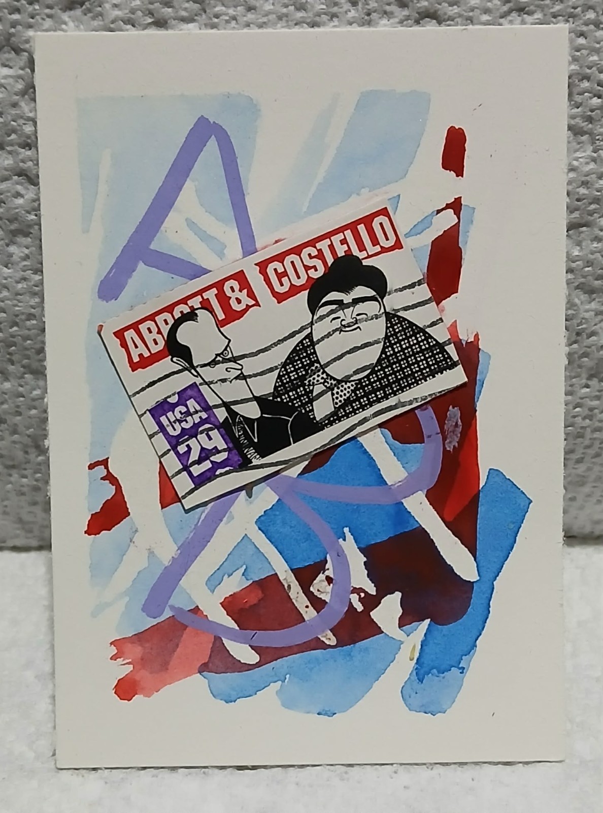 Postal Whimsy OOAK Watercolor ACEO Abbott and Costello 29¢ Stamp by Virginia