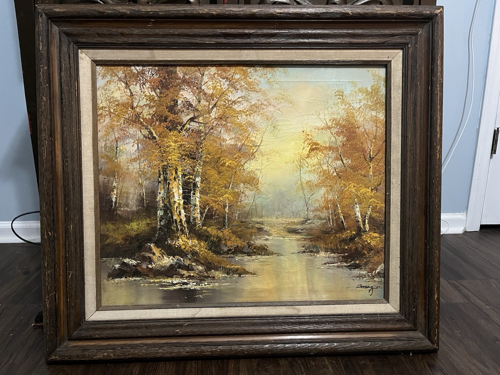 Vintage Original Landscape Oil Canvas Birch Trees River Stream Woods Fall Large