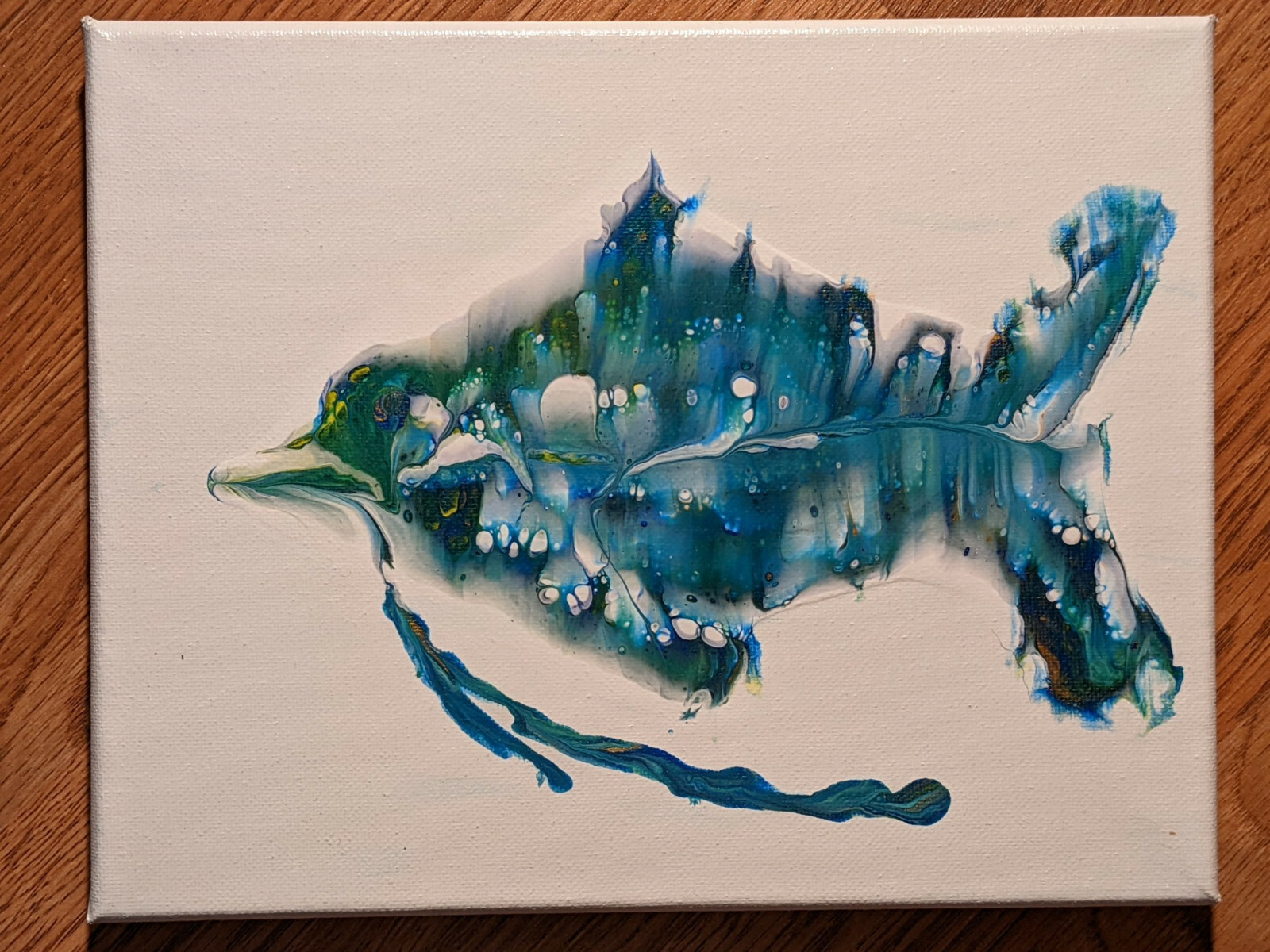 Artisan Original Acrylic Fluid Pour Art Of Fish, 8×10 Titled Bird Fish, Metallic