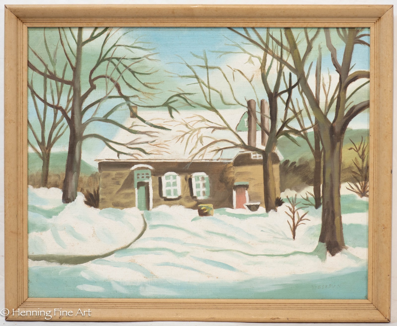 Vintage Folk Art Oil Painting of Snow Laden Woods with House by Yegerman 18×22″