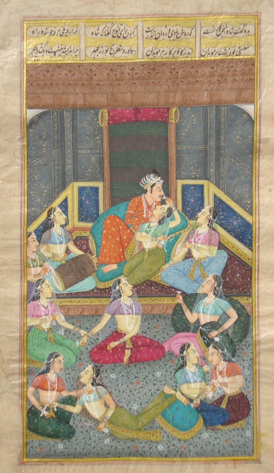 Indian Miniature Painting Of Mughal Emperor With Women Love Scene Art On Paper