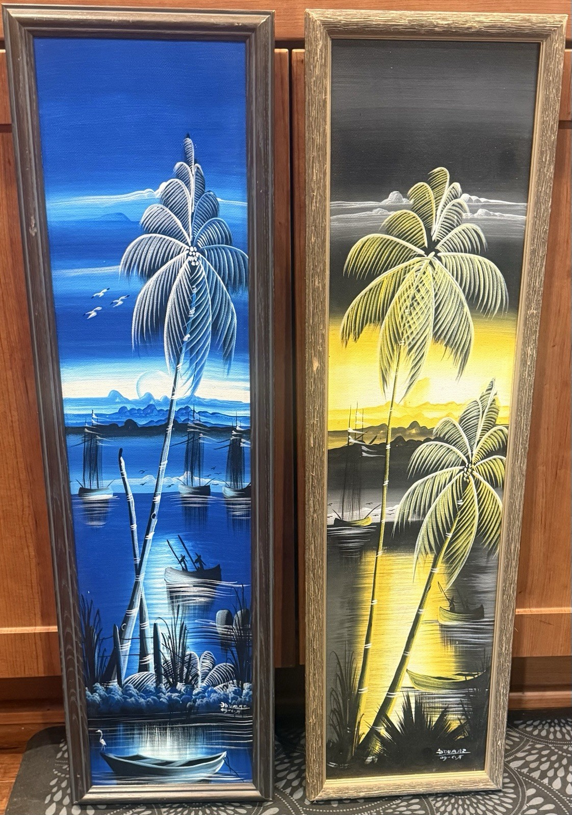 2 Tropical 8.5” x 29” FRAMED OIL PAINTINGS Painting SET Signed TIKI Palm Trees