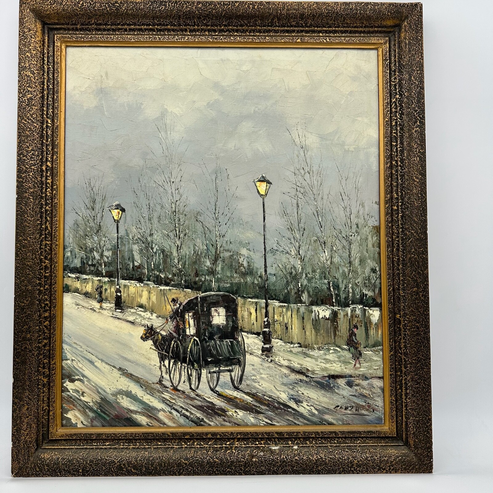 Antique Original Oil Painting by Agustin Gonzalez Parisian Street Scene Carriage