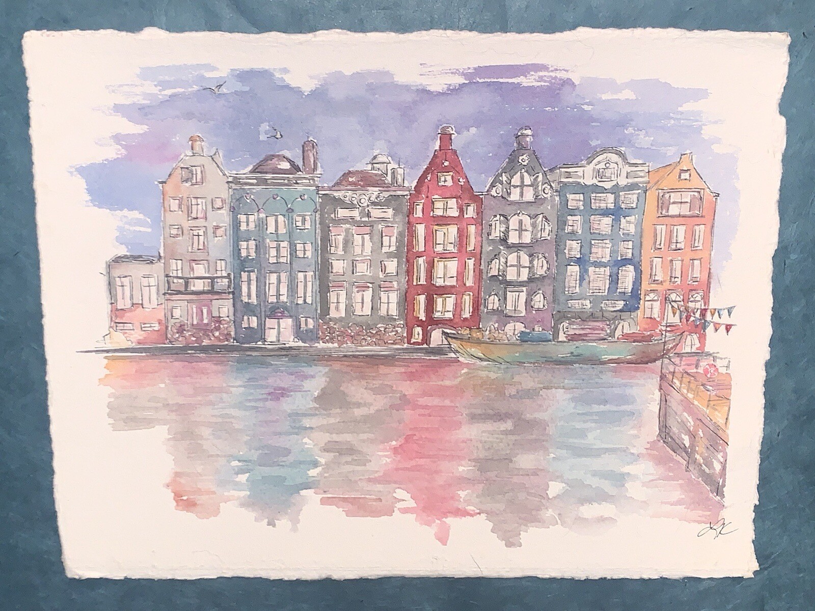 Modern Contemporary Row Houses Canal Watercolor Framed mat Signed 16”x20”