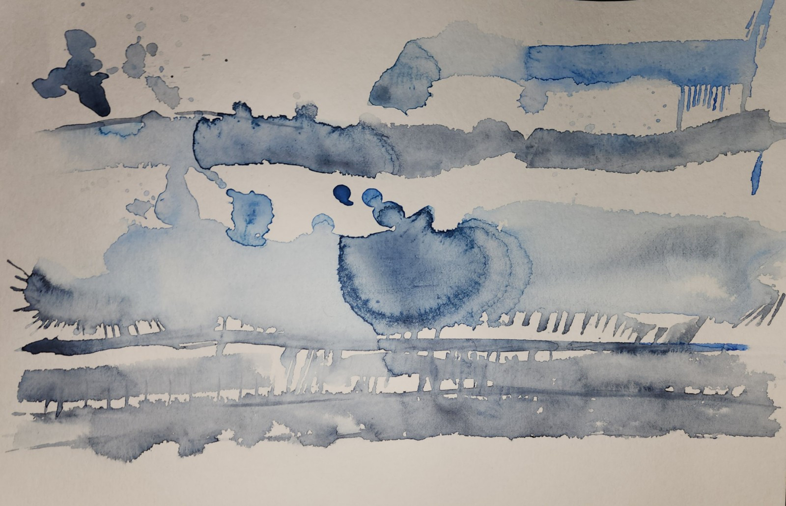 Abstract Origional Watercolor «Frozen River With Birds » Signed Fleischer
