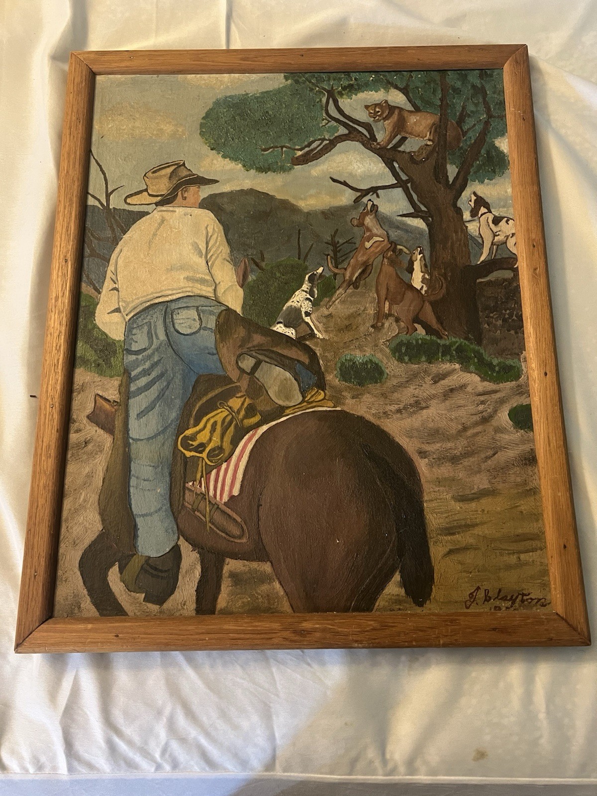 Orig. Vintage Western Hunting Painting Hunter Cowboy Bobcat Cougar Hunting Dogs