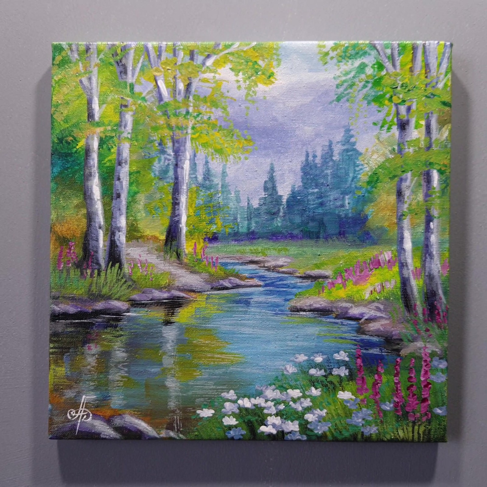 Summer Peace Landscape Acrylic Painting River Forest Nature Canvas Artwork 8×8