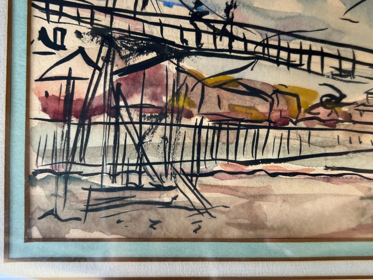Vintage American Expressionism Watercolor Architecture Bridge Drawing Painting